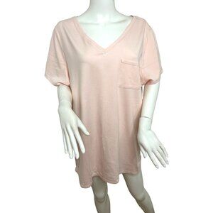 Belle Kim Gravel Tunic Top 1X Pink V-Neck Short Sleeve Chest Pocket Casual